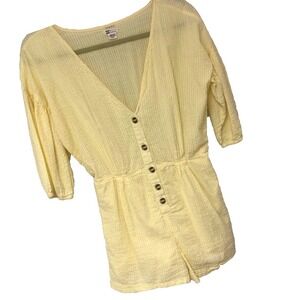 Billabong Yellow Seersucker Romper Swifties Shortie Shorts Lined Cotton Womens M